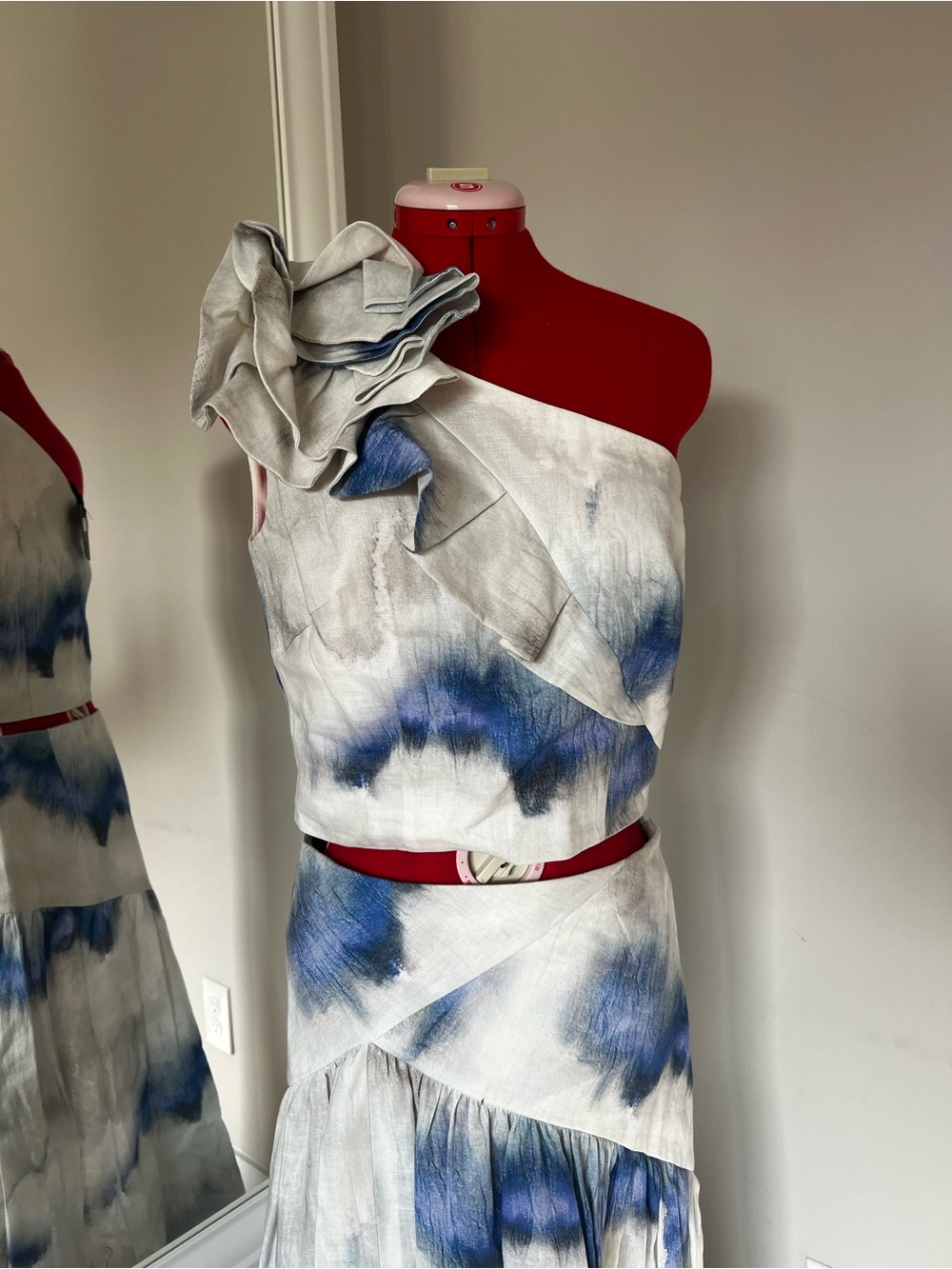 Marchesa One-Shoulder Blue and White Ruffle Dress